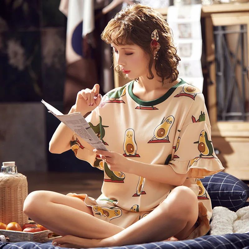 

Women's Pajamas Cute Cartoon Sleepwear Red Lace Short Sleeve Women's Cotton Pijamas Summer Breathable Home Clothes for Women