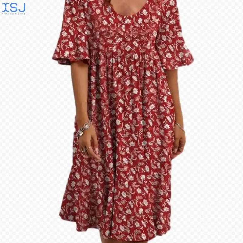 

Vestidos Dress Long Women's Fashion Casual Round Neck Print Short Sleeve High Waist Dress 2105#