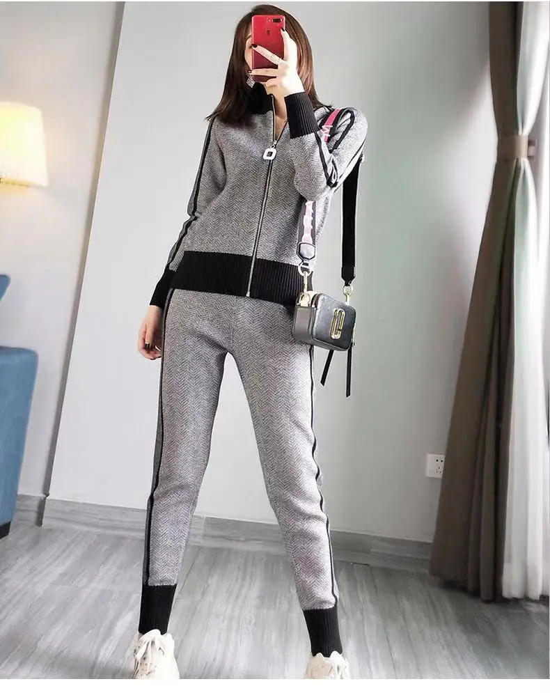 

Slim Fit Women Sets Knitted Stretched Elastic Waist Full Length Pant Zipper Front Long Sleeve Tops 2 Piece Set Women's Clothing