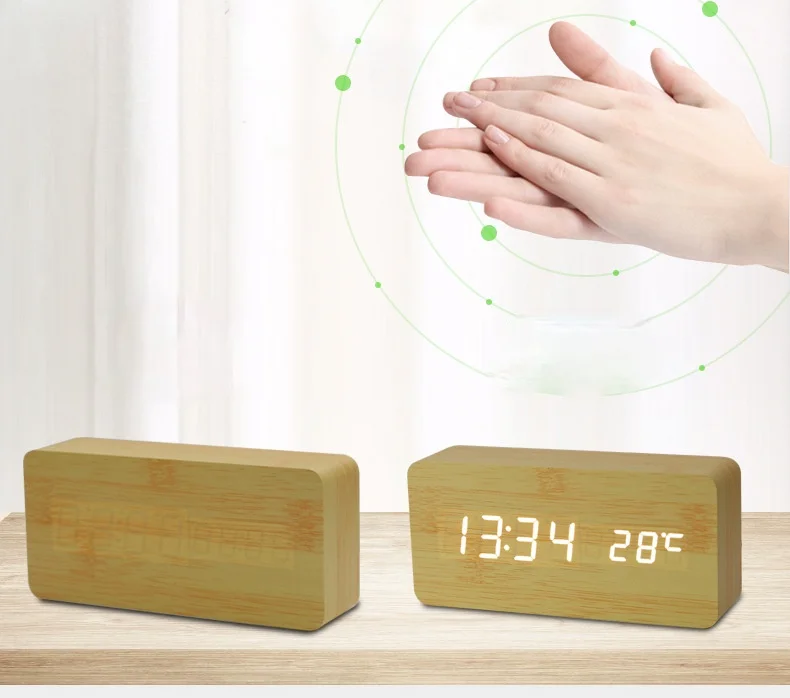 

USB/AAA Clocks LED Wooden Alarm Clock Table Voice Control Digital Wood Electronic Desktop Clocks Table Home Decor