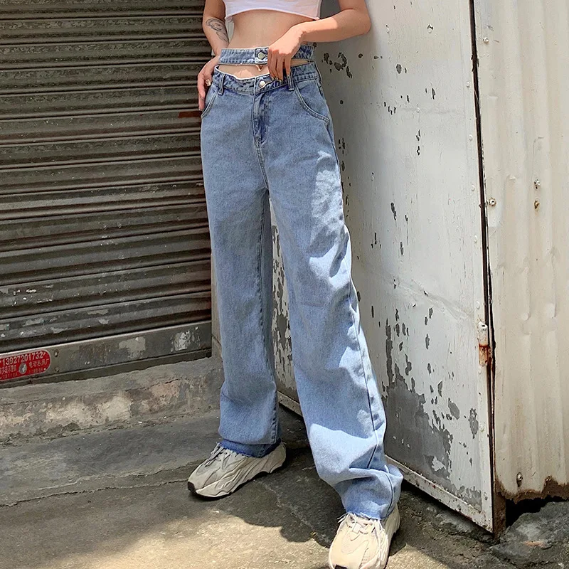 

2021 Summer Hollow Out High Waist Straight Baggy Blue Mom Jeans For Women Cargo Pants Ladies Vintage Clothes Mujer