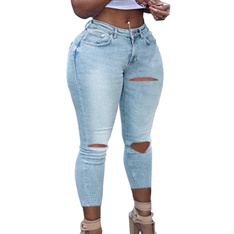 2023 New Plus Size Sexy Blue Hollow Denim Club Women's High Waist Denim Cropped Pants Lace Ripped Hole Ankle Length Jeans Cut images - 6