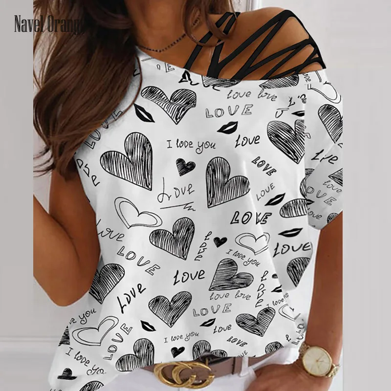 

Women Skew Collar Short Sleeve Pullover Top Blouse Summer Hollow Out Loose Printing Top Shirts Casual Fashion Sweatshirt