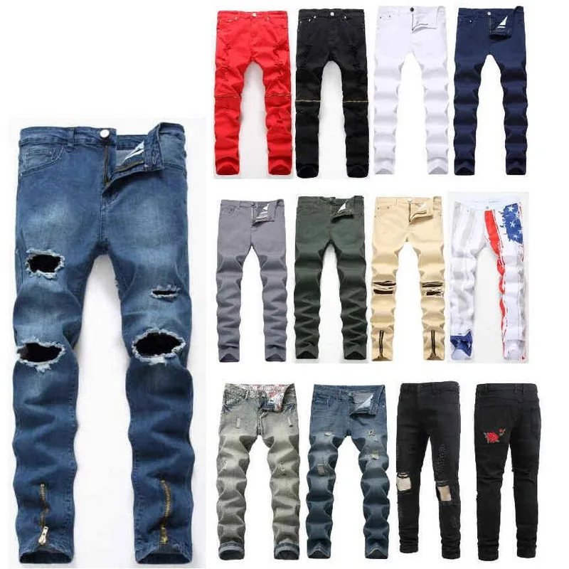 Men Jeans Slim Stretch Black Embroidered Big Hole Denim Pants Multi-Zip Jeans White Pattern Jeans Multiple Styles Size 28-42