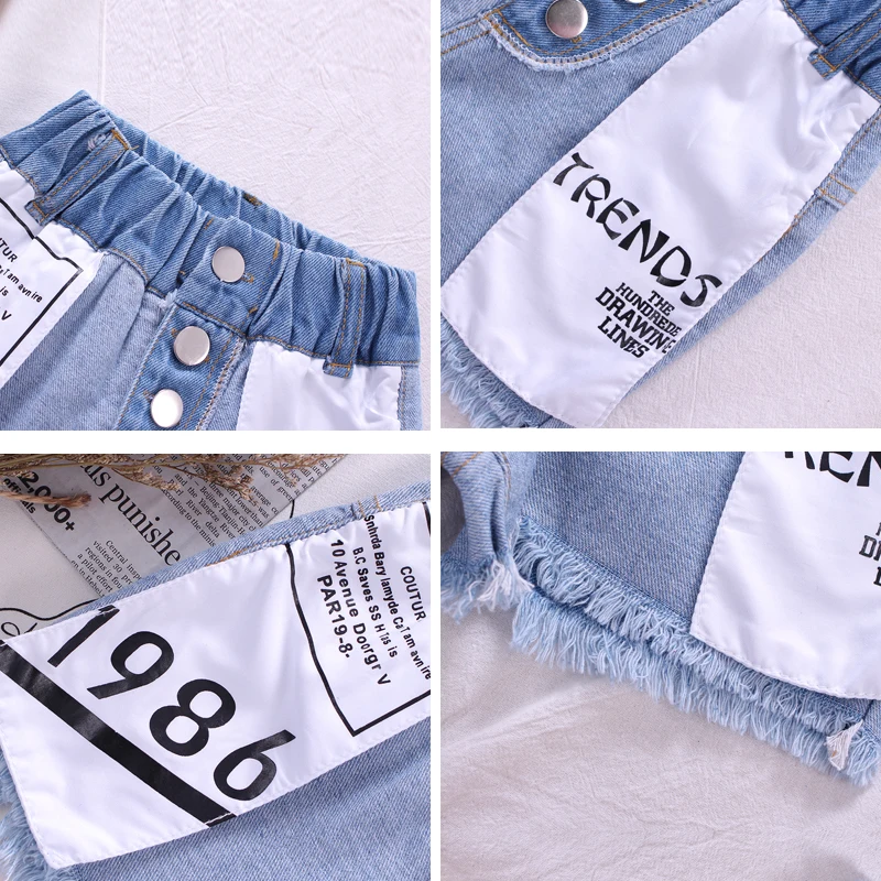 

Summer girls denim shorts kids shorts baby fashion bottoms girls streetwear snap pocket outside letter print 4 to 14 yrs