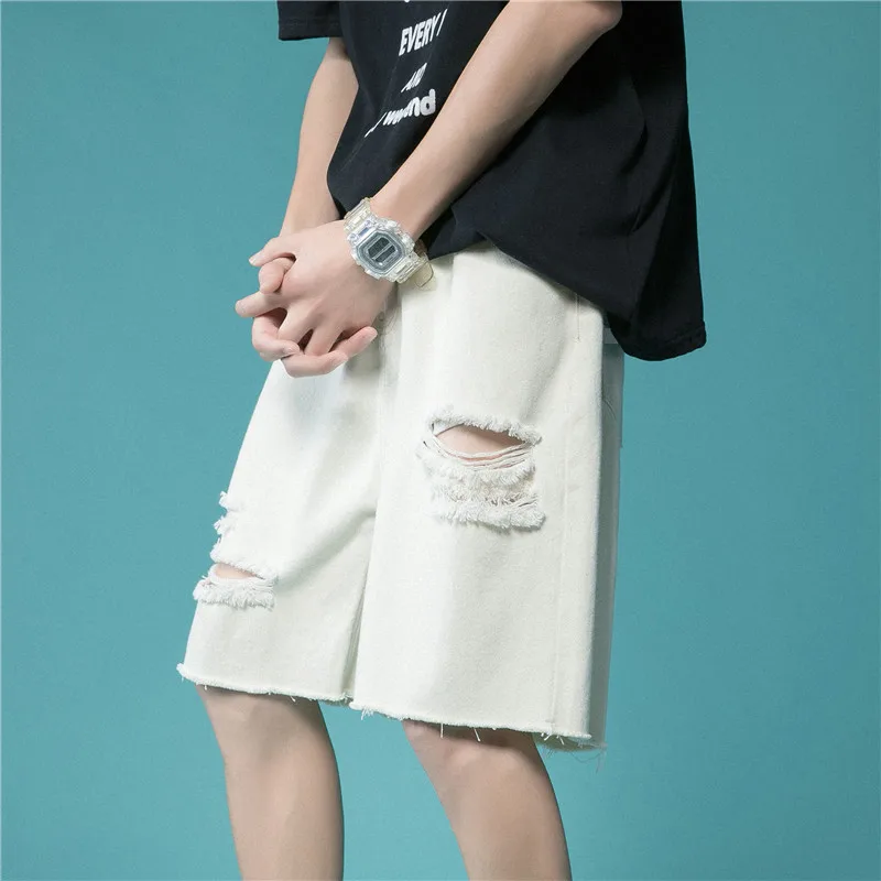 

Summer Ripped Denim Shorts Men's Fashion Blue Black Beige Denim Shorts Men Streetwear Loose Hip-hop Hole Jeans Shorts Mens M-2XL