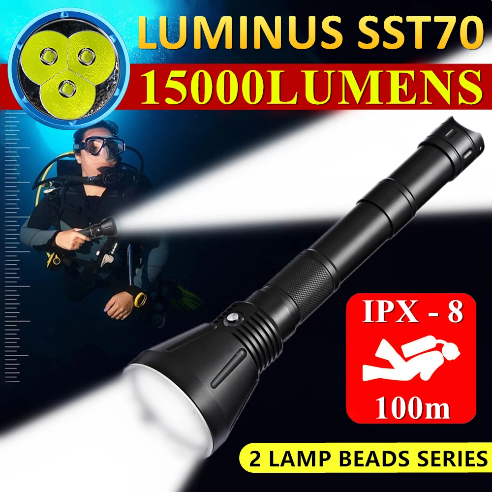 SST70 Super Powerful 15000LM Diving Flashlight XHP70.2 Powerful LED Flashlight Waterproof Underwater Torch Rechargeable Lanterns