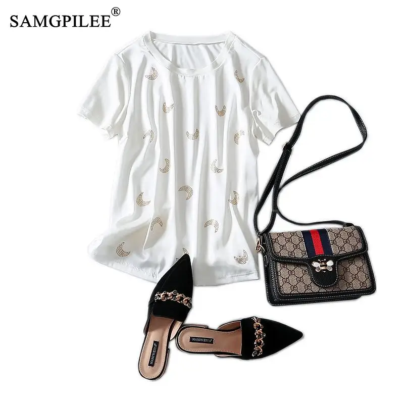 Женская футболка из тонкой ткани Повседневная с заклепками и круглым вырезом