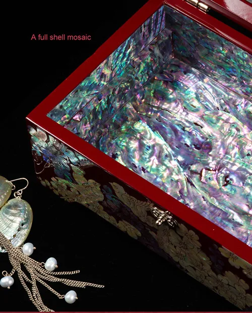 a full shell mosaic Hand Made Abalone Shell-linlaid Mosaic Jewelry Box Storage Lacquerware Lacquer Arts with Lock 18.2 x 11.2 x 8.6cm Wedding Gift - Цвет: a full shell mosaic