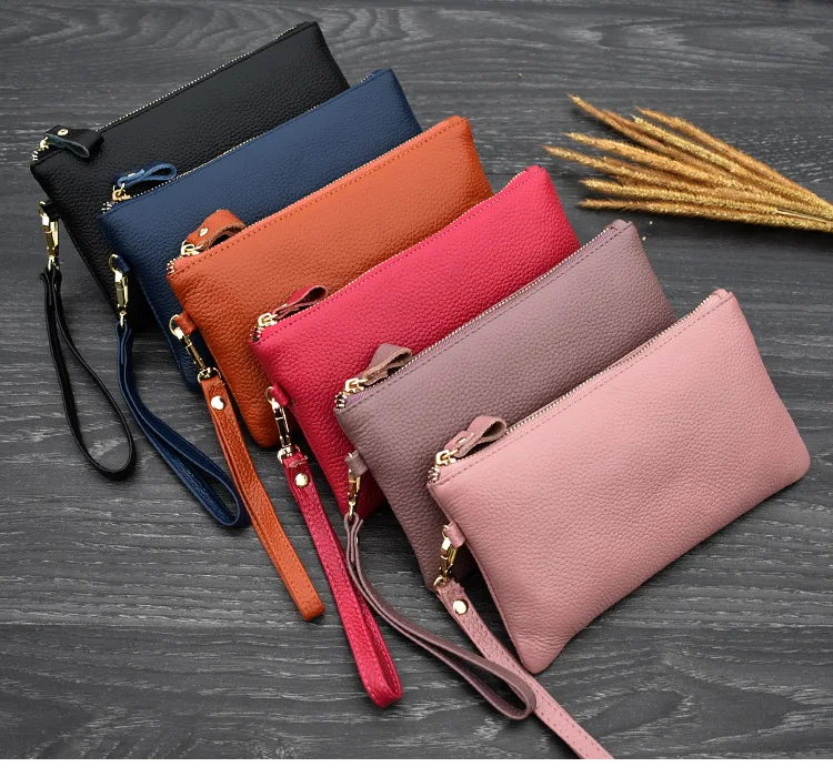 

Real Cow Genuine Leather Wallet Women Mini Handbag Purse Card ID Phone Holder Zipper Clutch Evening Bags Small Wristlet Wallets