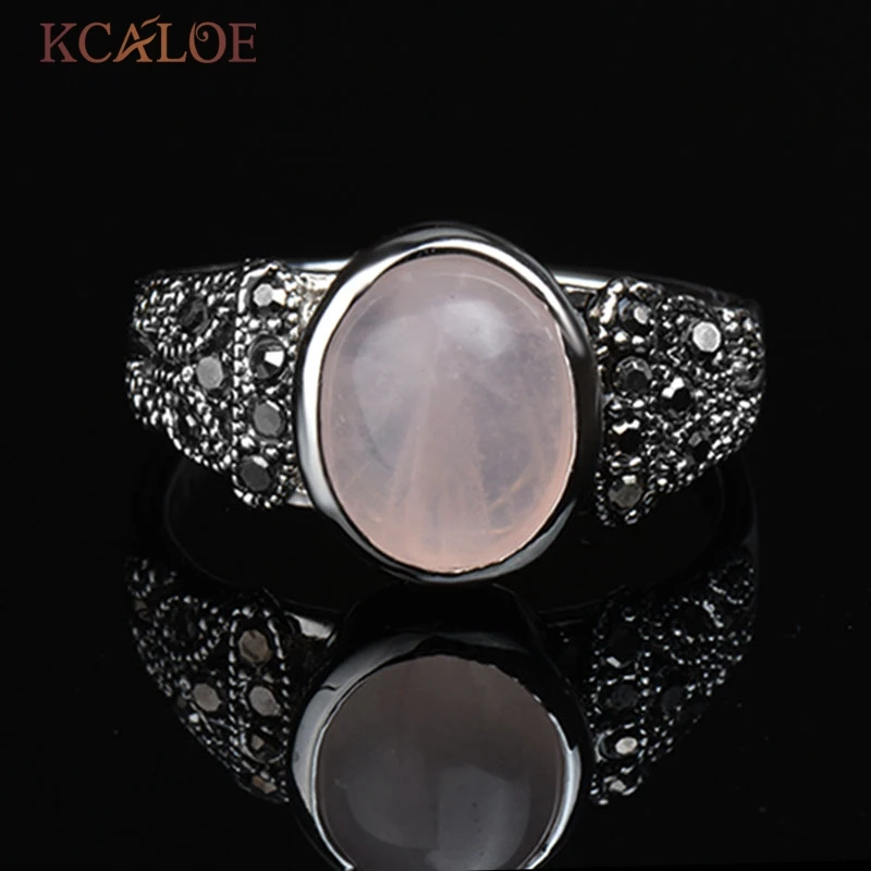 KCALOE, кольцо с розовым кварцем, натуральный фиолетовый камень, натуральный зеленый, винтажные черные стразы в стиле ретро, необычное милое кольцо Quartzo Rosa Anel
