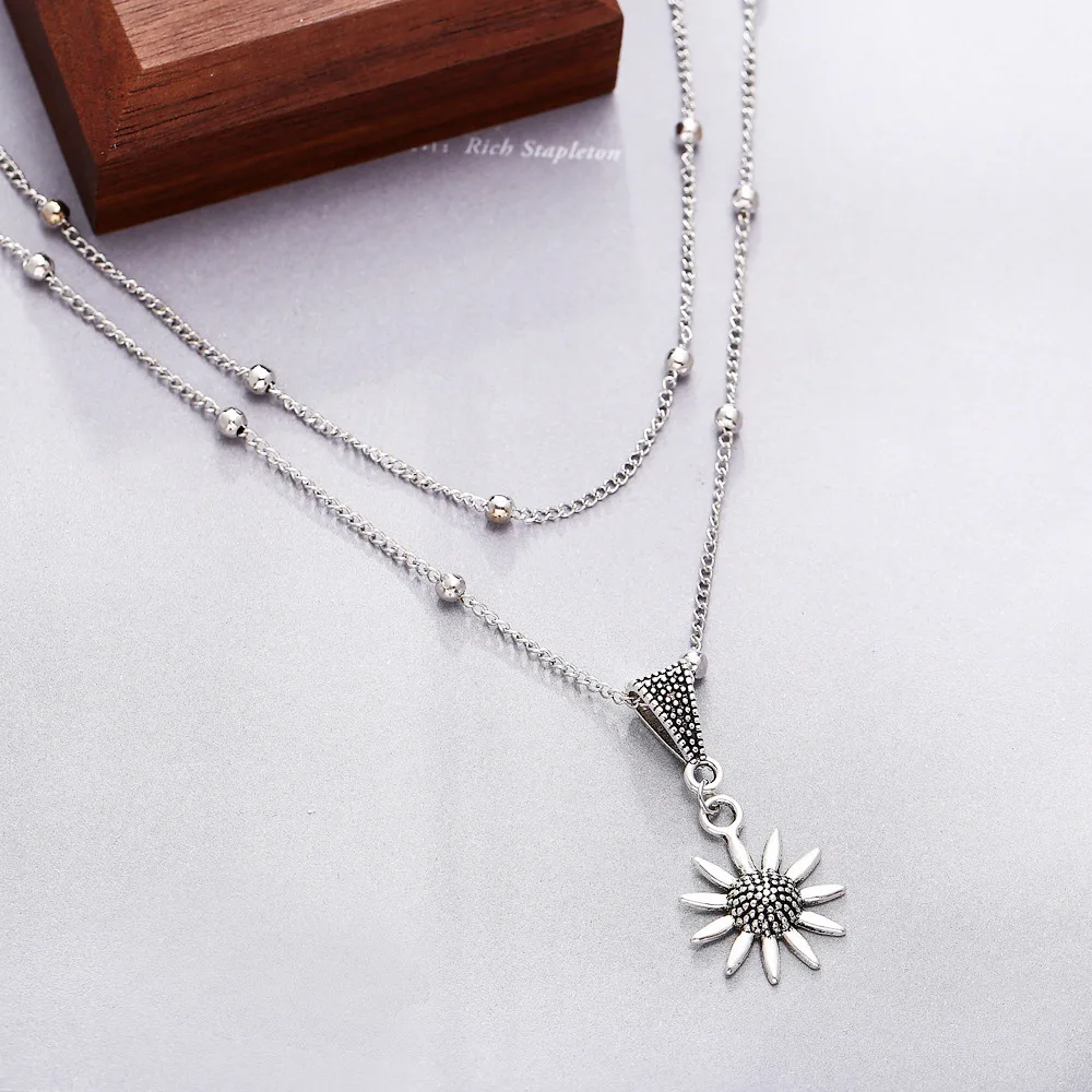 Изысканные винтажные серебристого цвета подвески подсолнуха на шею для женщин Женская многослойная цепочка шокер Хип-хоп вечеринка Ювелирные изделия.