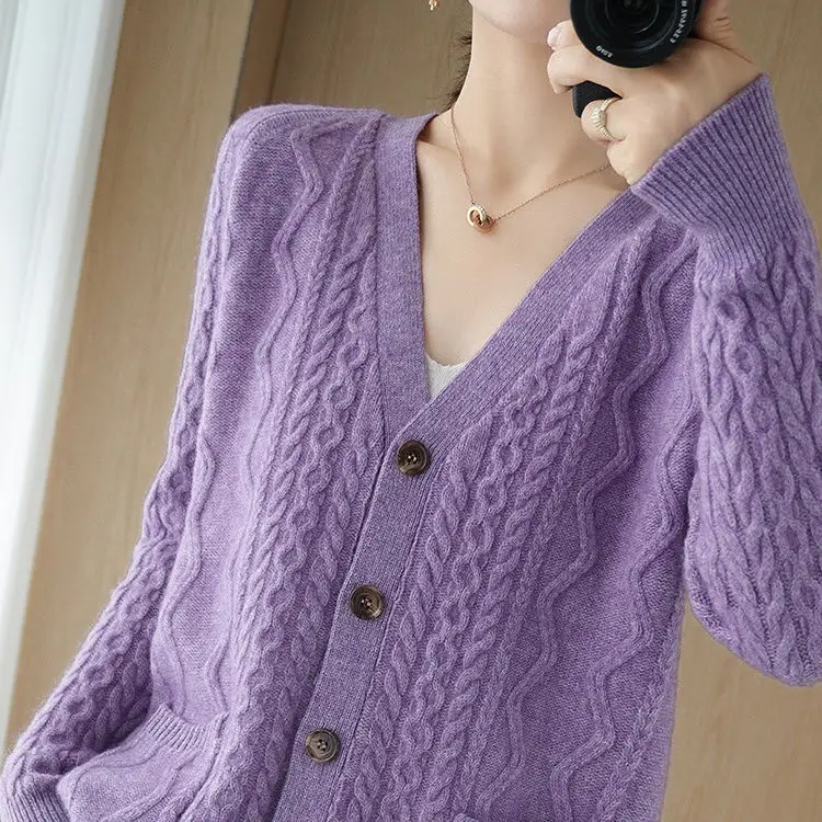 

Ladies new cashmere thick needle heavy knitted cardigan temperament autumn and winter coat