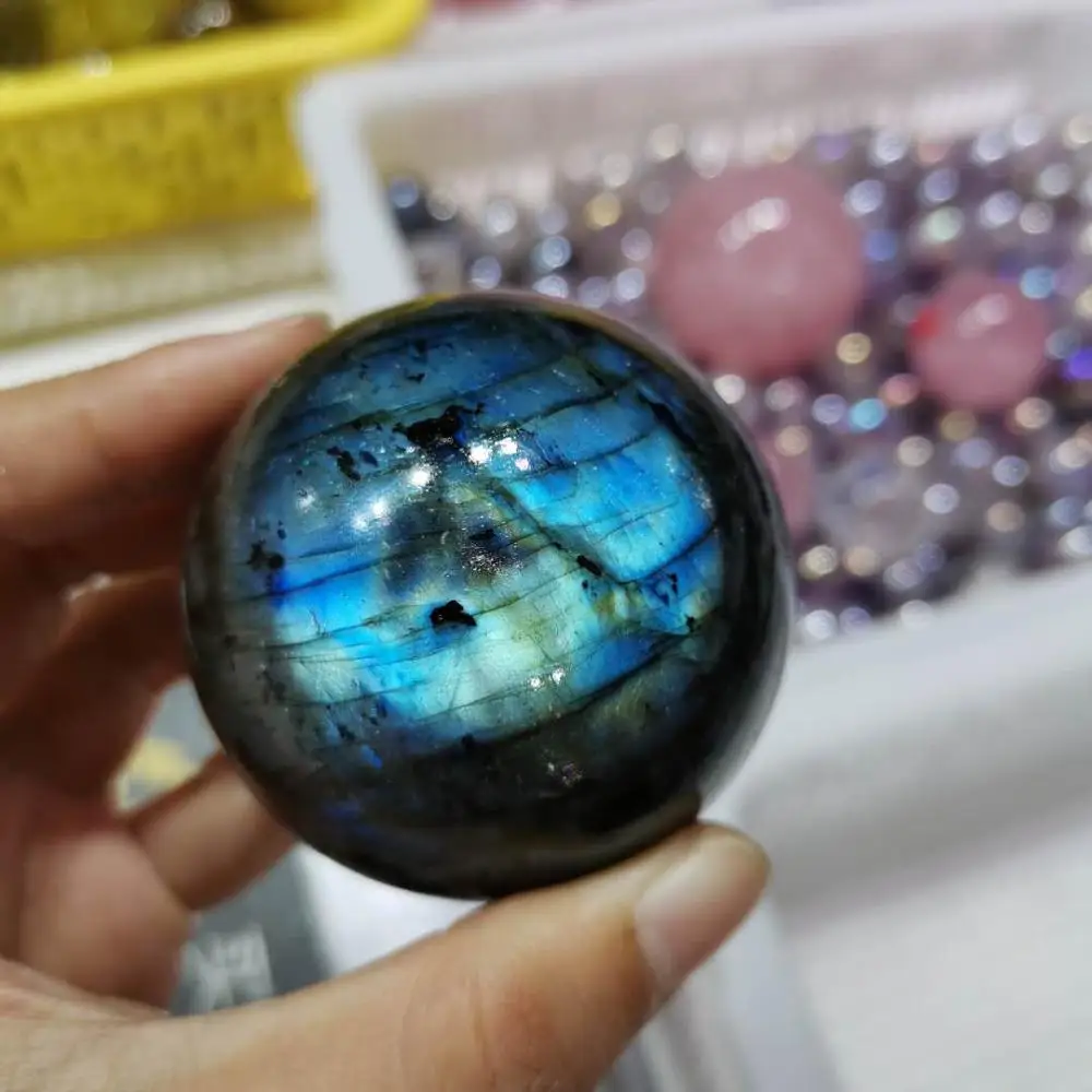 60 мм натуральный лабрадоритовый шарик кварцевый кристалл сфера с деревянной