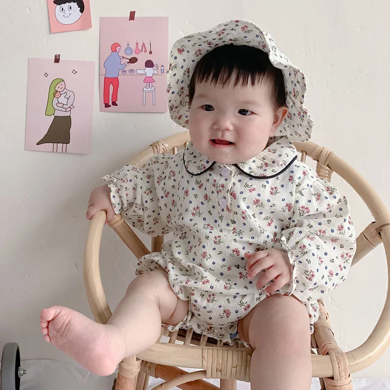 

Spring Autumn Infant Baby Girls Rompers Baby Cherry Flowers Long Sleeve Clothes Rompers And Hat Baby Girls Rompers 0-3Yrs