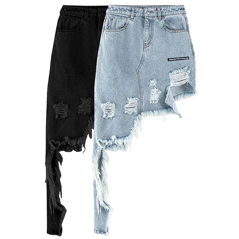 

High Waist Bodycon Irregular Hole Tassel Design Woman Skirt 2021 Summer Elegant Denim Skirts Personality Asymmetric Hem Jupe