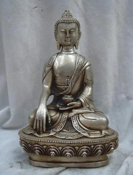 

8 дюймов Китайский серебряный резной Bhaisajyaguru Ming Dyuasty статуя Будды 21 см