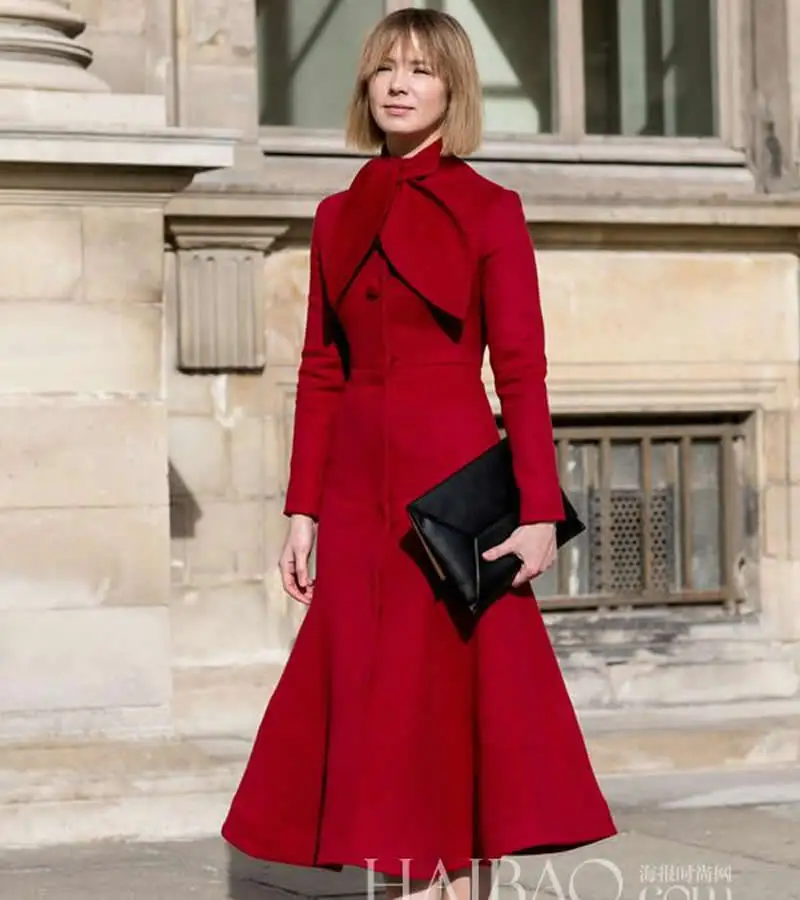 

New Women Red Woolen Coat Vintage Designer Winter Warm Mermaid Coat M9235