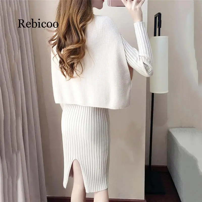 

2019 two-piece dress and vest women's autumn and winter long pullover sweater female Slim thick warm knit shawl sweater