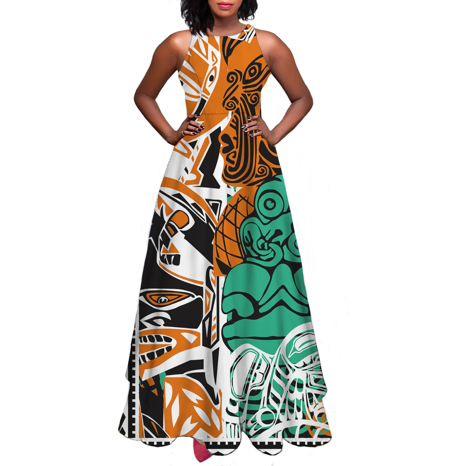

Hycool Free Ship Elegant Women Vintage Dress African Symmetric Print Sleeveless Tribal Club Outfits For Women Sexy A-Line Dress