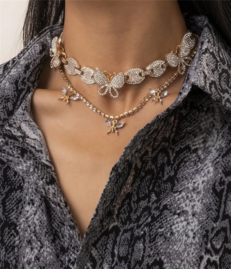

Iced Out Bling Hip Hop Pendant Set Cuban Link Chain Choker Butterfly Necklace for Women
