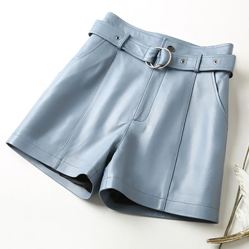 Genuine Leather Shorts Womens New High Waist Straight Sheepskin Shorts Pockets Sashes High Quality Korean Style Fashion Shorts
