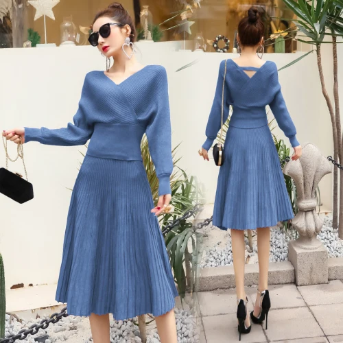 

Knitted Sweater Set Two Piece Set Top And Skirt Long Sleeve Knitted Korean Woman Suit Ensemble Femme Deux Pieces Women's Sweater