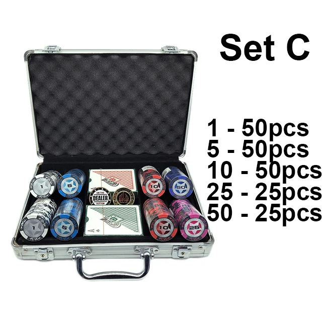 Set C Набор фишек для покера серии World, 200 шт., с дилером и все в комплекте, 2 пластиковые игральные карты и чемодан, 40*3,4 мм, 14 г - Цвет: Set C