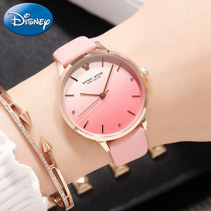

Women's Color Gradient Leather Band Quartz Fashion Trendy Rhinestone Girl Luxury Elegant Disney Mickey Wrist Watch Gift Clocks