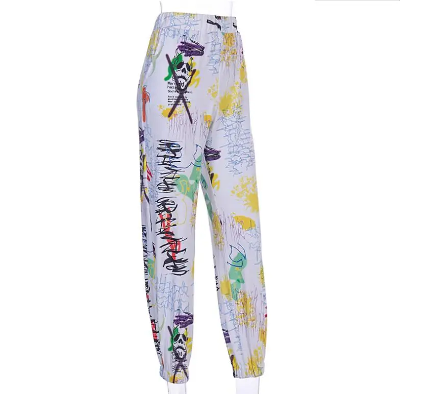 

2020 Graffiti Printed White Casual Joggers Women Elastic High Waist Pants Capris Fashion Baggy Ladies Trousers Streetwear
