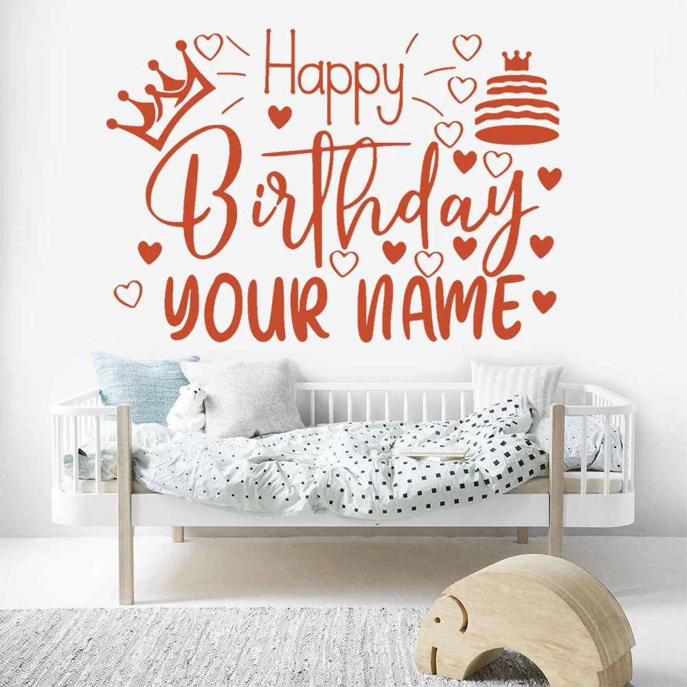 

Custom Name Wall Decal Happy Birthday Decor Cake Mural For Kids Girls Bedroom Stickers Vinyl Party Livingroom Decor Poster HJ093