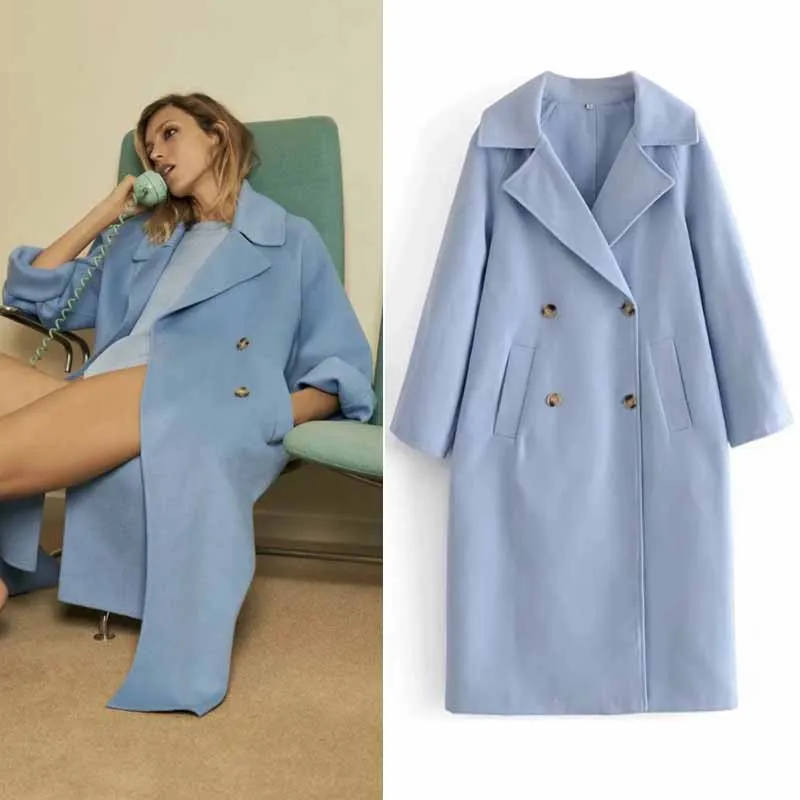 

Женское повседневное однобортное пальто, голубое элегантное двубортное пальто из смешанной шерсти с отложным воротником и разрезом, Осень-...