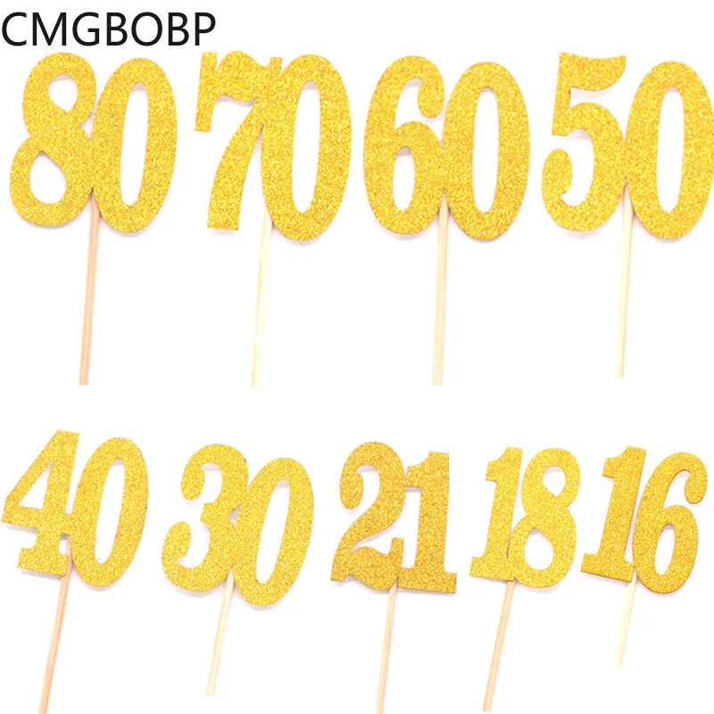 

Birthday Cupcake Toppers Gold Glitter Cake Picks for 16th 18th 21th 30th 40th 50th 60th 70th Birthday Anniversary Party