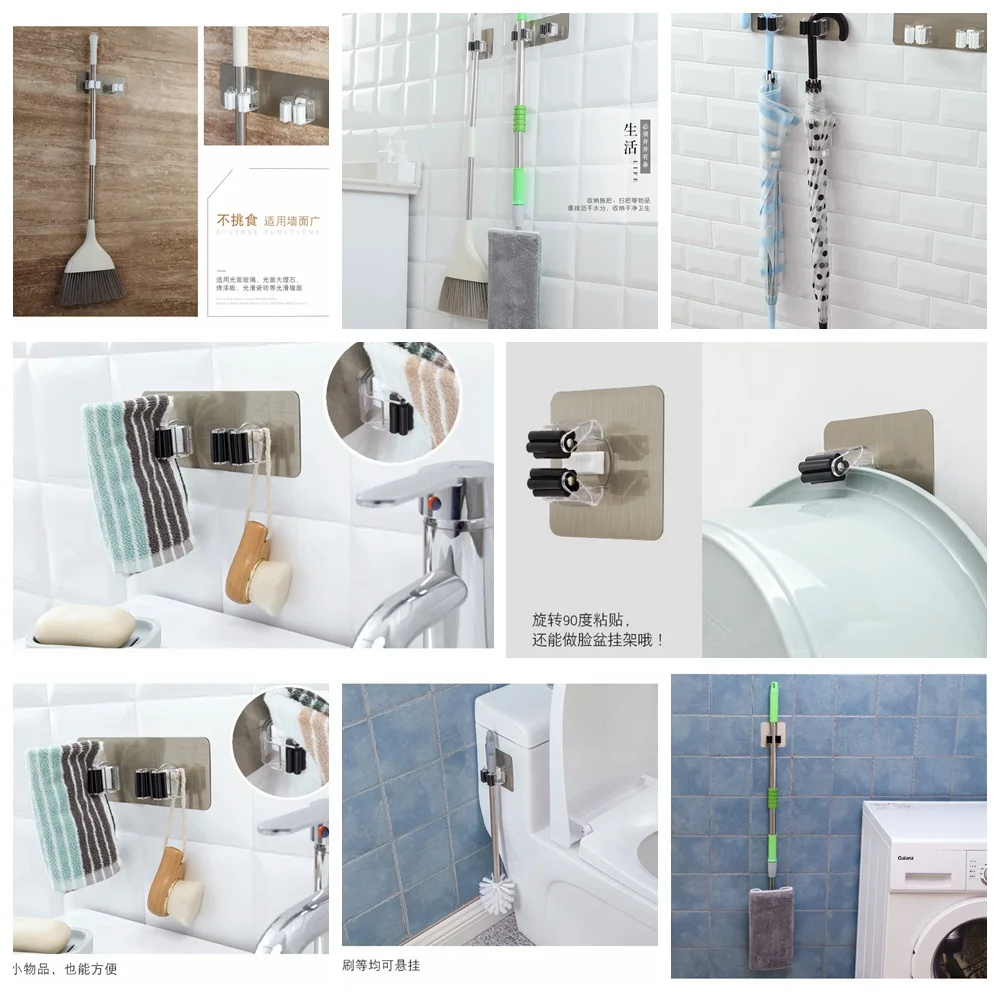 Ganchos Adhesivos Multiusos para Montar en la Pared, Soporte Organizador Fuerte de Cocina y Ba&ntilde;o para Fregona o Escoba, 2 o 4 Unidades-5