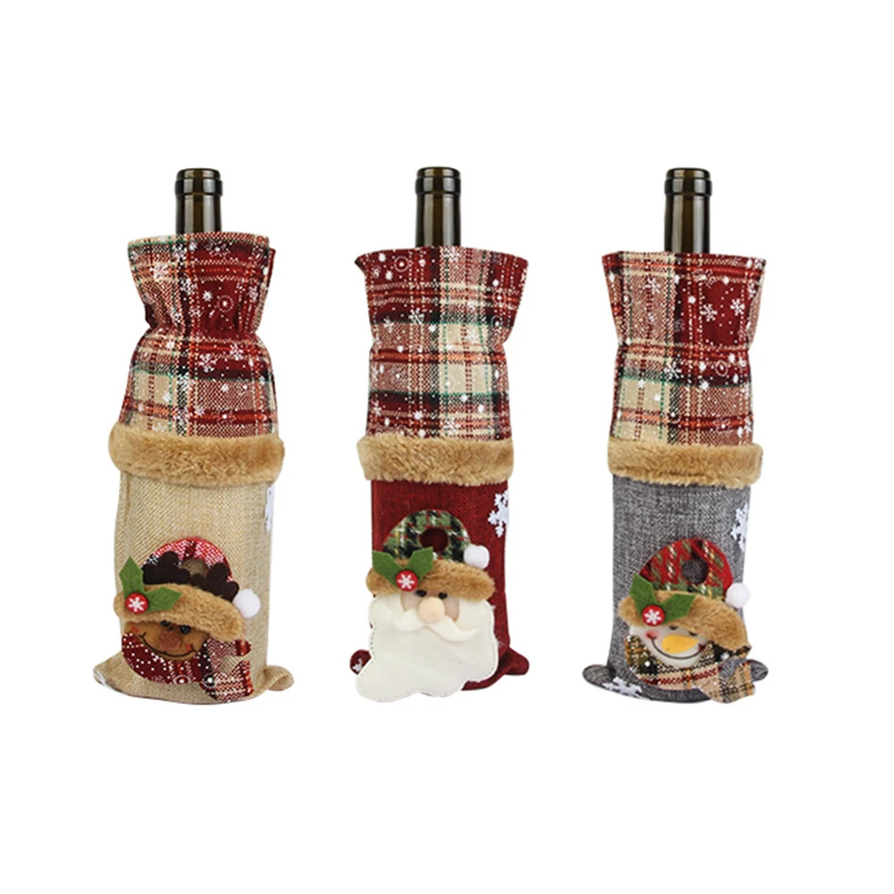 

2022 New Year Christmas Wine Bottle Cover Linen Plaid Stripe Dustproof Decorations Home Dinner Ornament Xmas Holiday Gift
