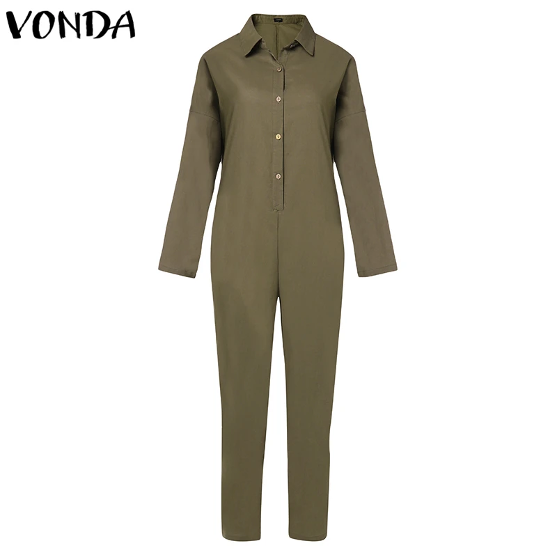 Женские комбинезоны VONDA с длинным рукавом, с отворотом, на пуговицах, комбинезоны размера плюс, повседневные свободные широкие штаны, Комбинезоны