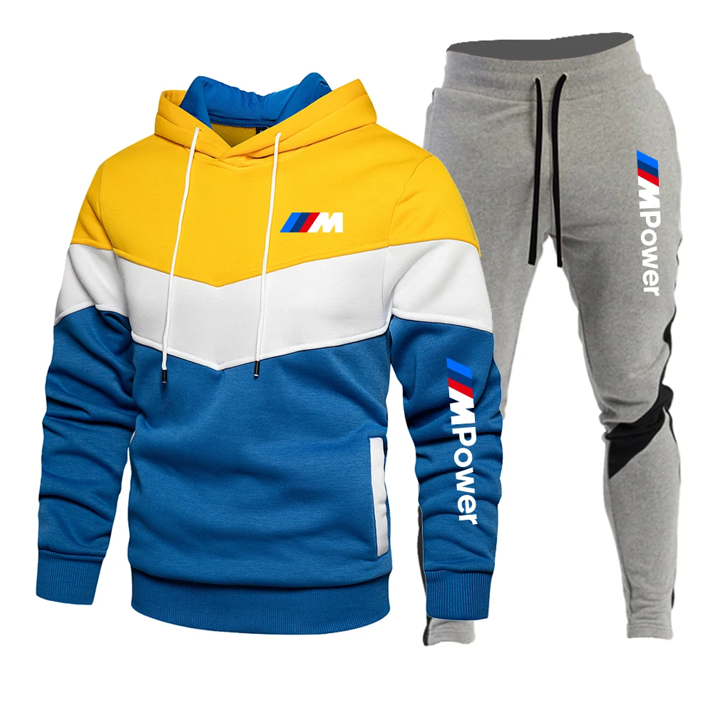 

Men's Patchwork Sweatshirt set Hoodies Clothing Casual Loose Streetwear Male Fashion Autumn Winter Outwear + Pants 2 Piece Sets