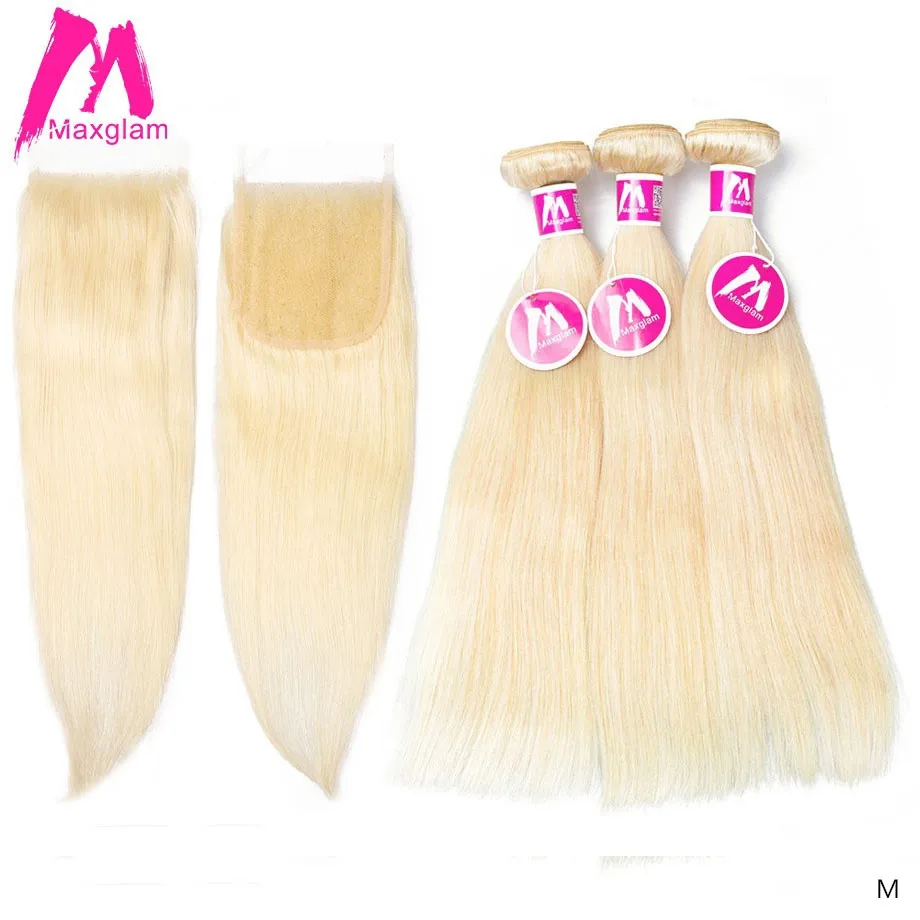 Блонд человеческие волосы пряди с закрытием бразильские Прямые 613 remy волнистые