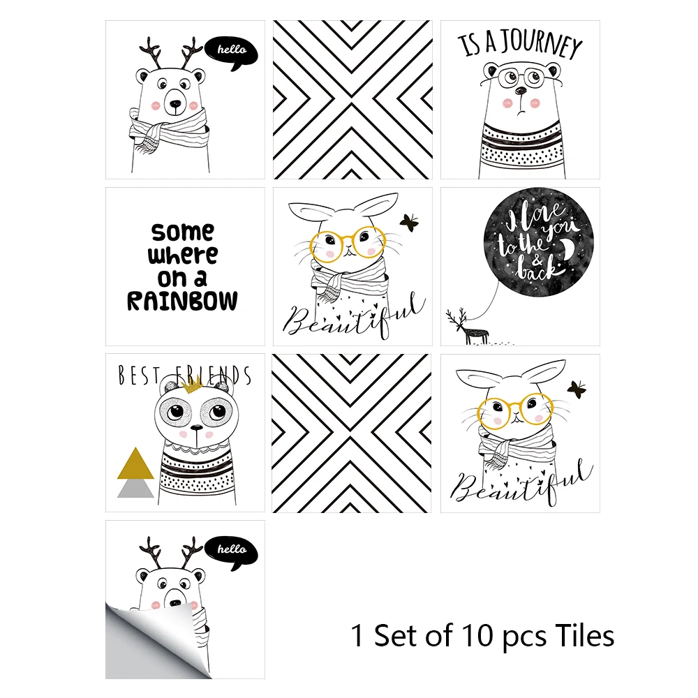 

10pcs Nordic Style Cute Animals Tiles Sticker Transfers Cover For Kitchen Tables Wallpaper Peel & Stick Oil-proof Wall Decals