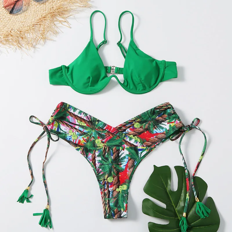 

Leaf Print Bikinis Underwire Push Up Bathing Suit Women Drawstring Swimwear Sexy String Swimsuit 2021 Padded Bra Bikini Set Swim