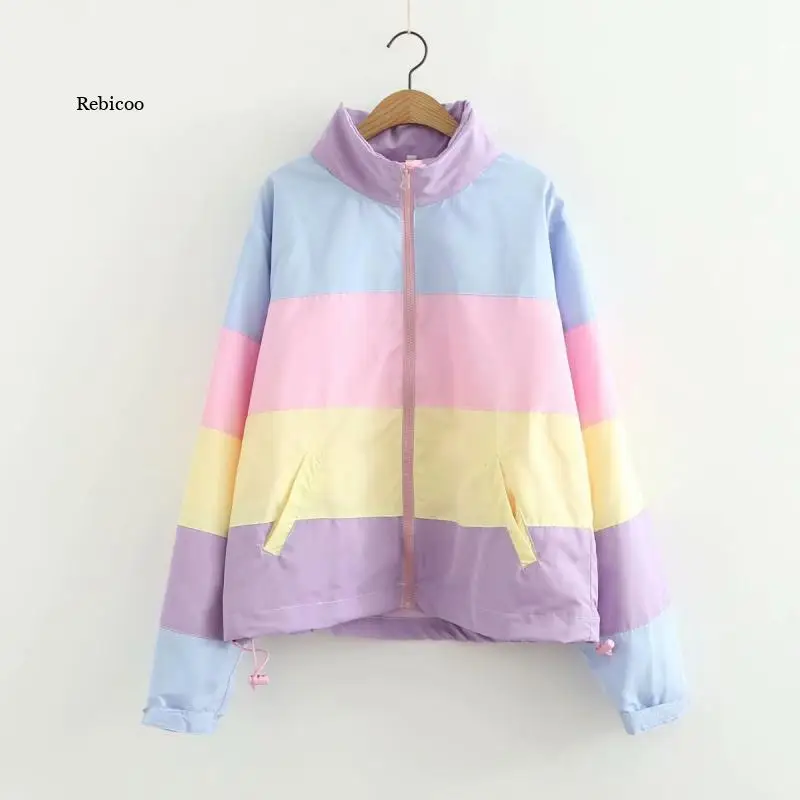 Winter Thicken Rainbow Contrast Women's Down Jacket Loose Padded Student Winter Coat Women Warm College Parka Female