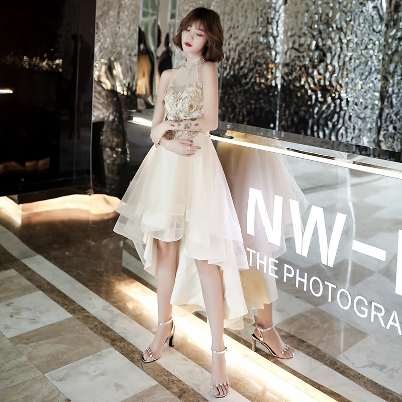

Champagne Homecoming Dresses Short Vintage High Neck Sleeveless Backless Beaded Flower High Low Graduation Dresses