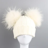 kid hat winter real raccoon fur double pompom boy girl beanie autumn warm outdoor accessory baby headwear