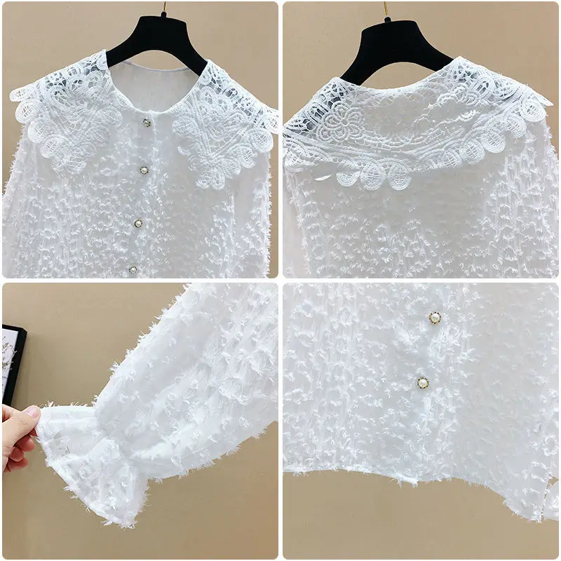 Женская кружевная ажурная блузка белая Свободная с длинным рукавом рубашки на