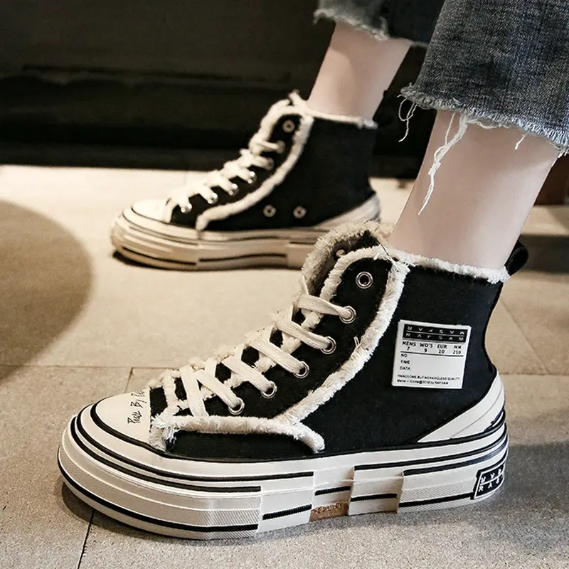 

Женские кроссовки на плоской подошве, с меховой отделкой, Новинка осени размера плюс, 35-53, обувь из мягкой парусины