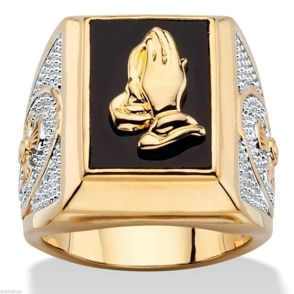 

Luxury Men's Gold Plated Ring Prayer Ring Hands Blessing Crystal Zircon Ring Church Belief Jewelry Hip Hop Punk Biker Party Ring