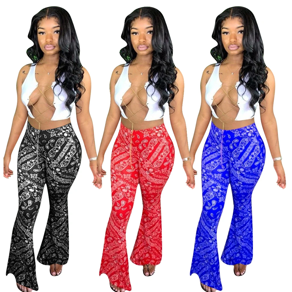 

H1390 European and American foreign trade women's wear fall / winter 2020 new totem multicolor flared pants two piece set hot
