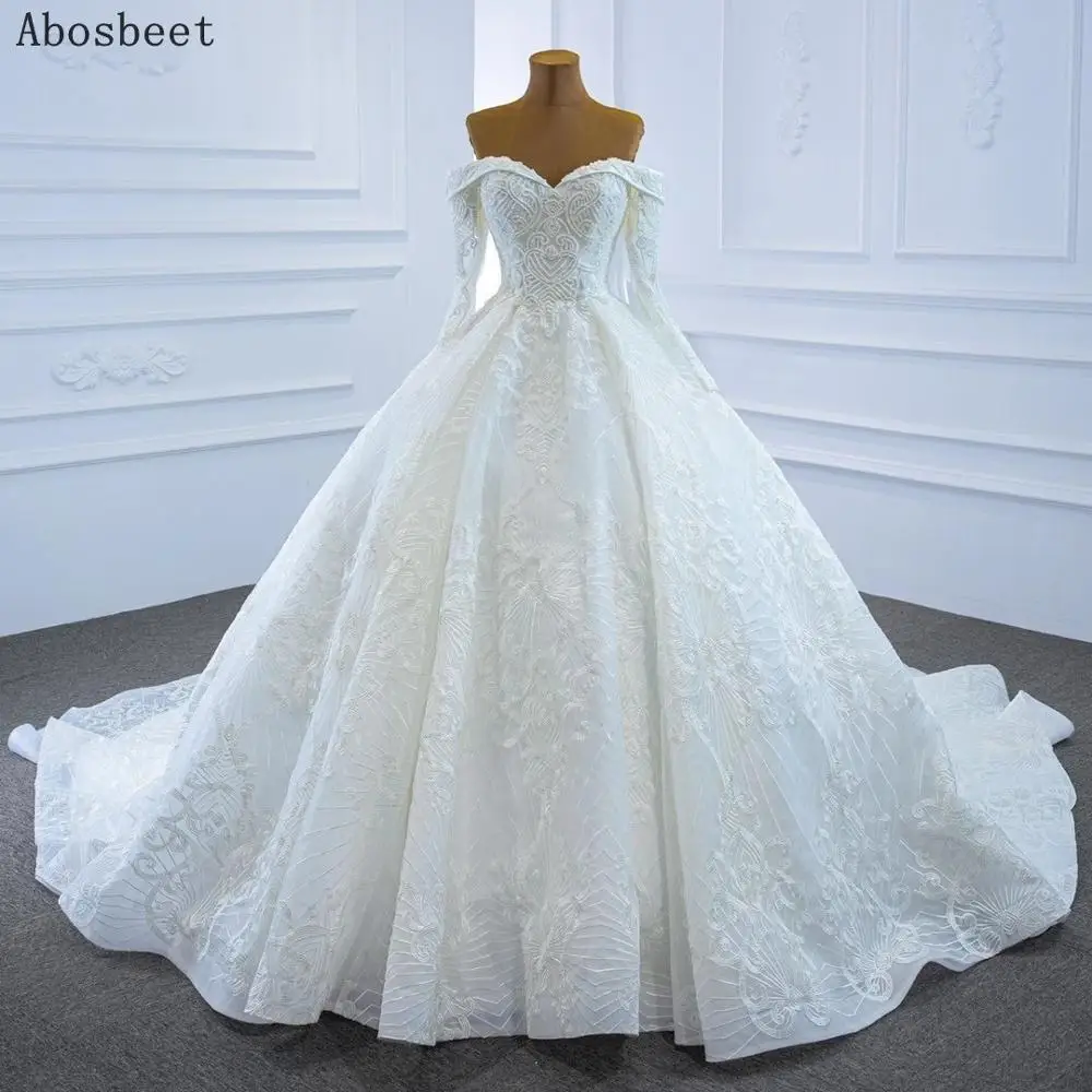 

Кружевное бальное платье с вышивкой, свадебное платье, роскошное белое платье с длинным рукавом, бисером, длинным шлейфом и шнуровкой сзади,...