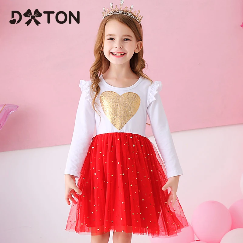 

DXTON Princess Kids Dress Heart Sequined Girls Dress Winter Long Sleeve Children Clothing Tutu Flare Sleeve Kids Party Dresses