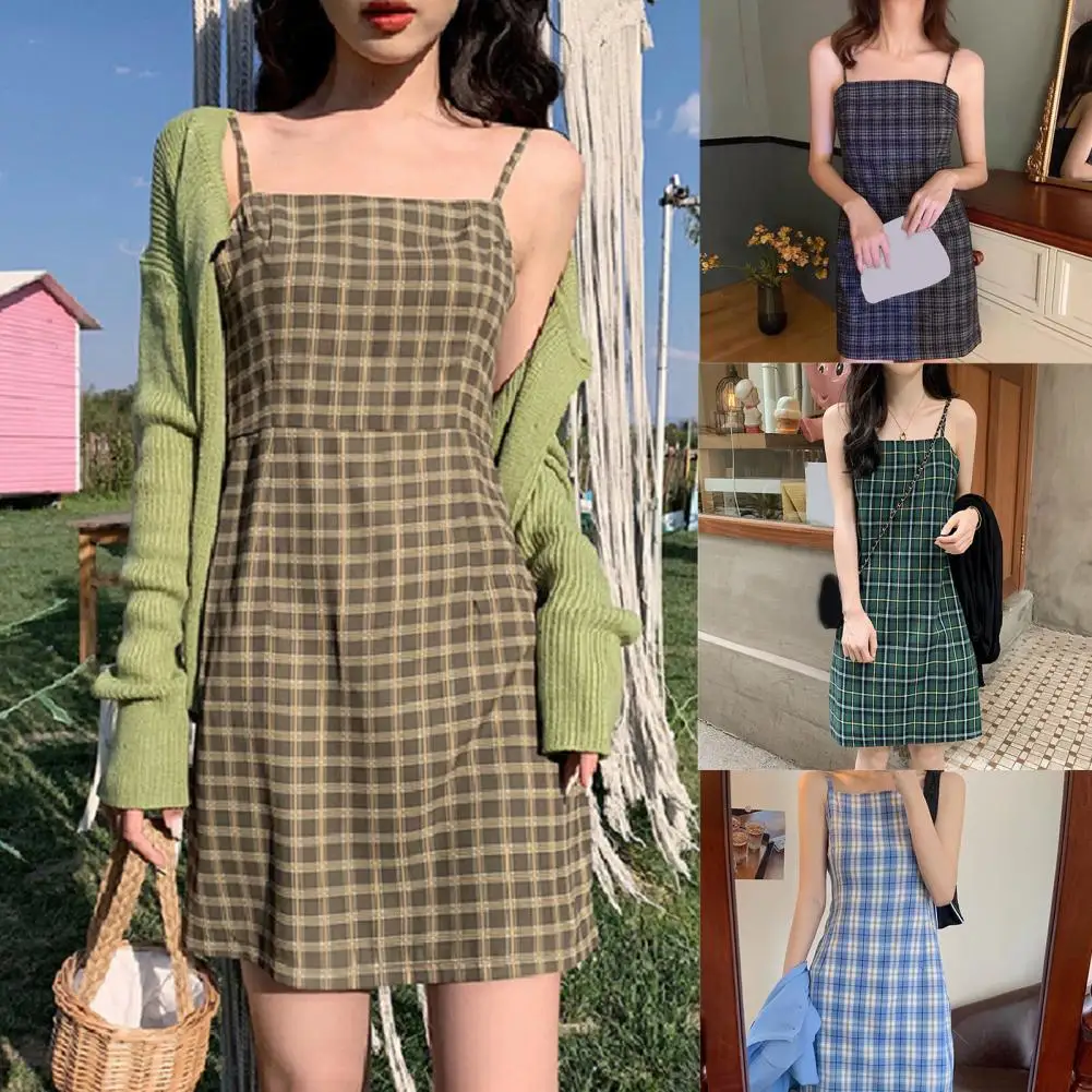 

Женское клетчатое платье-трапеция, летнее универсальное платье на бретельках для свиданий, бесплатная доставка